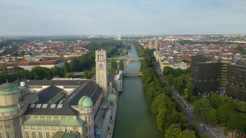 Isar River in Downtown Munich, Germany on Summer Day. Aerial View