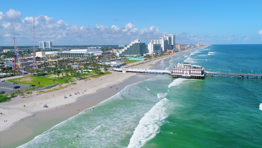 Flight along Daytona Beach coastline looking at attractions