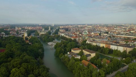 Aerial Establishing Shot Above Isar River Reveals Munich City in Background