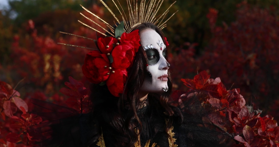 Portrait of young woman with sugar skull makeup and red roses dressed in black costume of death as Santa Muerte against background of autumn forest. Day of the Dead or Halloween concept. Royalty-Free Stock Footage #1080939686