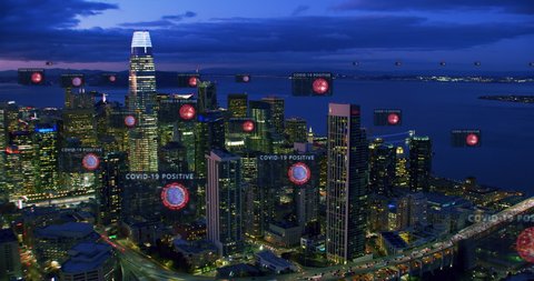 San Francisco financial district with several Covid 19 positive tests. Animation of Coronavirus model rotating, virus detected.
