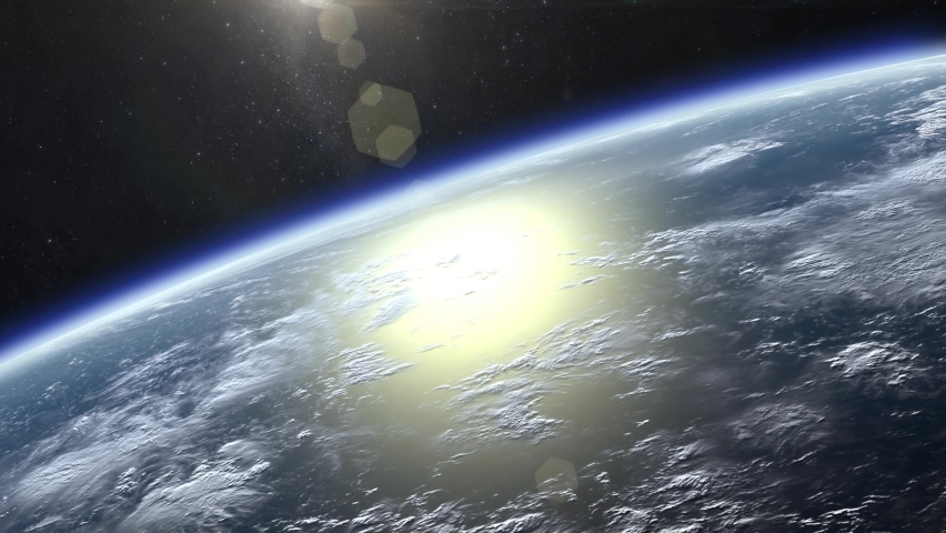 Earth from space. Stars twinkle. The earth slowly rotates. The horizon is turned to the left. 4K. Realistic atmosphere. Volumetric clouds cast shadows from the sun. Starry sky. 3D Animation. | Shutterstock HD Video #1080946625
