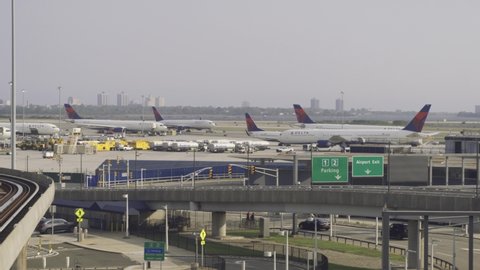 New York, USA - September 15, 2021 : Airplanes prepare for take off September 15, 2021 in JFK airport, New York City. The airport serves almost 50 million passengers each year.