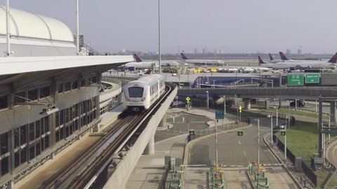 New York, USA - September 15, 2021 : Image of AirTain structure. AirTrain JFK is a 3-line, 8.1 miles long elevated railway providing service to Kennedy International Airport