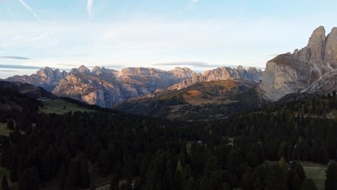 Seceda, Stevia and Cirspitzen in Dolomites. Beautiful panorama in South Tyrol during bloody red sunset.