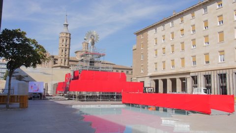 Zaragoza , Aragon , Spain - 10 13 2021: Stage preparation for Fiestas del Pilar in Zaragoza in Spain in progress. 