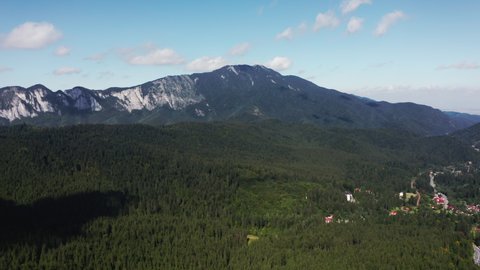 Aerial View Of Verdant Forest With Postavarul Massif In The Background Near Predeal In Romania.