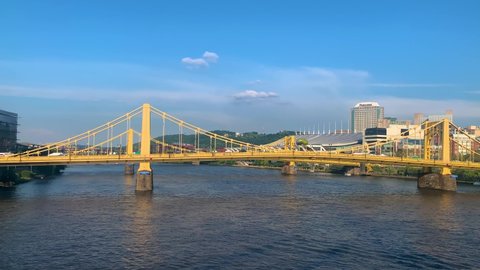 Pittsburgh , Pennsylvania , United States - 08 21 2021: Andy Warhol Bridge with Allegheny river during summer Pittsburgh downtown