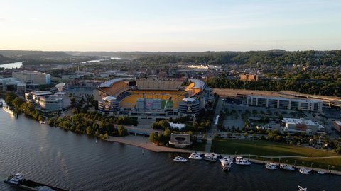 Pittsburgh , United States - 10 14 2021: Aerial view around the Heinz field stadium, Pittsburgh, USA - tracking, drone shot