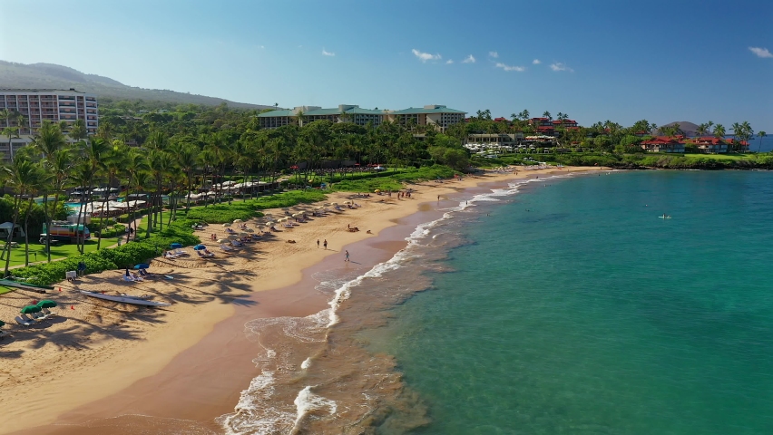 Low aerial flyover of Wailea Beach in Maui Hawaii. Part 1 or 3