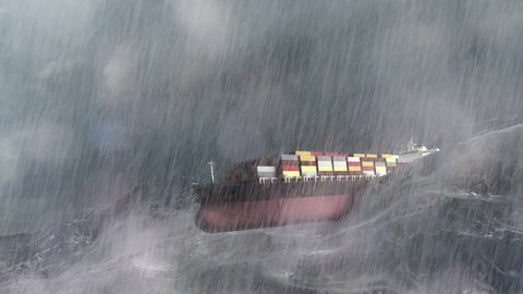 Large Cargo Ship with containers in stormy ocean,aerial
Sailing ship swinging on stormy sea waves, Rough ocean with rain and thunderstorm
