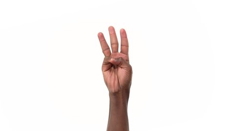 Close up of a black man's palm-side hand counting to five with his fingers. Isolated on a white background.