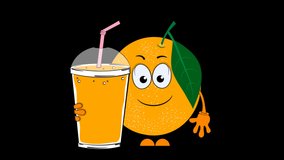 Orange juice and cartoon orange. Alpha channel. Transparent background.