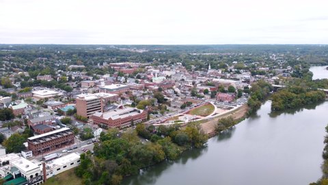 An orbiting 4k drone video of downtown Fredericksburg Virginia.