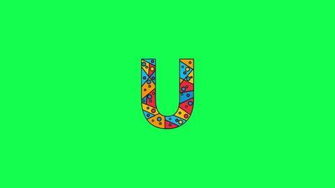 Letter U. Animated unique font made of circles and triangles, polygons. Bauhaus geometric mosaic style. Bright colors. Letter U for icons, logos, interface elements. Green chromakey background, 4K