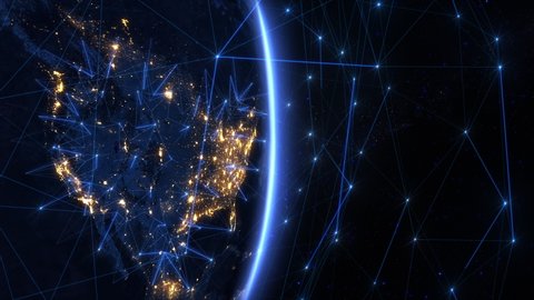 Animation of Earth Rotating. United States Map with Bright Connections and City Lights. Blue Lines and Nodes Representing Satellite and Mobile Signals. Technology.