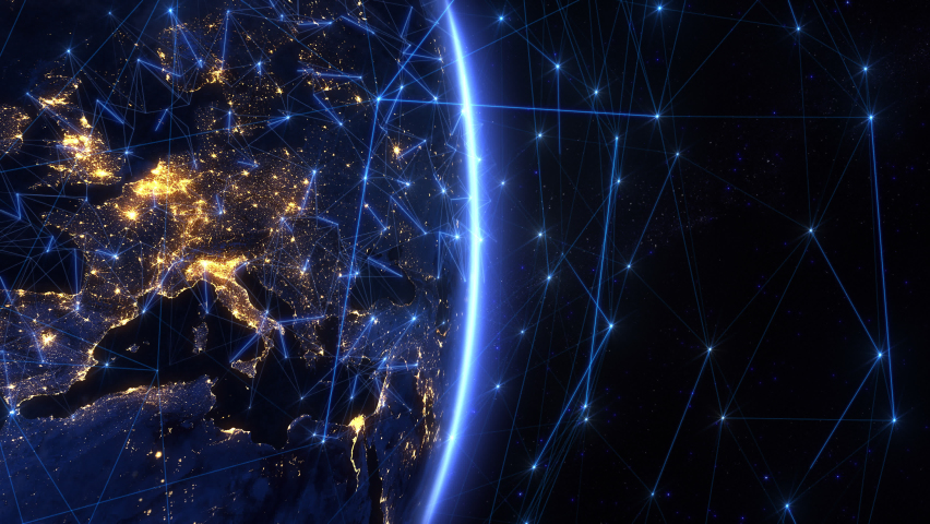European Map With Bright Connections. Blue Lines and Nodes Creating a Blue Mesh. This Video can be used to Represent Concepts Like Futuristic Technology, Social Networks, Satellite Telecommunication. Royalty-Free Stock Footage #1080989294
