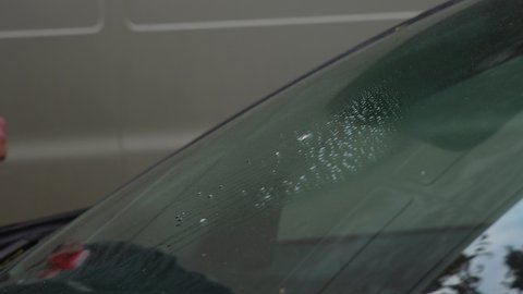 Close up view 4k stock video footage of dirty from bird organic droppings windshield of car. Man driver washing and cleaning dirt with microfiber fabric