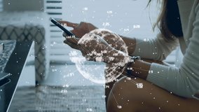 Animation of digital globe of connections over woman using smartphone