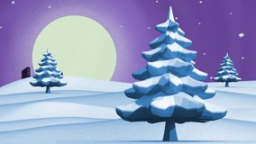 Animation of snow falling over trees on blue background