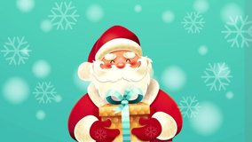 Merry Christmas concept. Cute swinging Santa Claus with gift in his hands. Popup label. Falling snowflakes. Moving 3D character. Animated cartoon