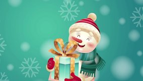 Realistic snowman with gift. Colorful animated Christmas card with popup text. Moving character. Winter Holiday or New Year. Animated cartoon in high resolution. Blue background with snowfall