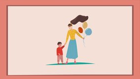 Happy Mother Day concept. Woman with balloons walks with her little son. Motherhood and love for children. Moving greeting card. Animated cartoon in high resolution with pink background