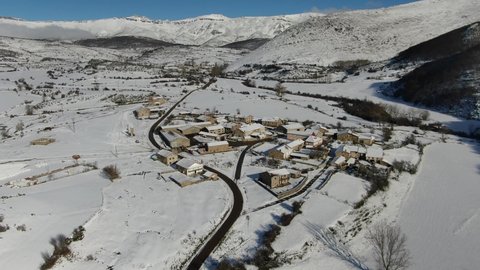 Tremaya in Montaña Palentina (Castille and Leon) winter aerial drone footage.
