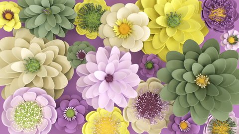 Animated floral background. Blossom of violet, yellow and green flowers. Greeting card for holiday, wedding, birthday, Mother's Day, international women's day. 3d render