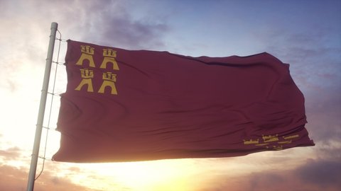 Murcia flag, Spain, waving in the wind, sky and sun background