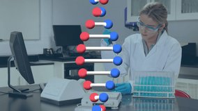 Animation of dna strand spinning over female doctor working in lab