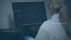 Animation of data processing and white lines over female doctor using computer