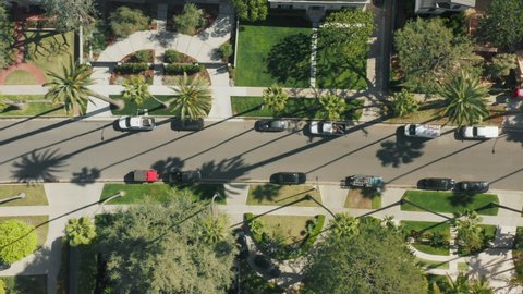 Aerial top down view on city street in prestige neighborhood area with big houses mansions in luxury Beverly Hills district, Los Angeles suburban area. Overhead view on Palm avenue and parked cars USA