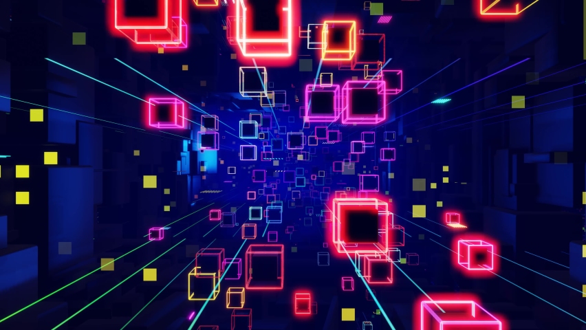 3d looped bg motion design neon light. Hi-tech information flow in blockchain or bigdata. Information Technology concept or deep tech. Blue dark sci fi bg fly through tech digital space like in tunnel Royalty-Free Stock Footage #1081007246