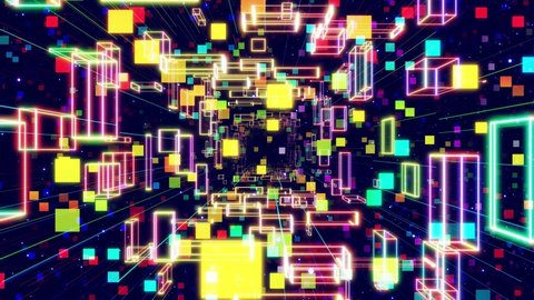 3d looped background motion design. Dark sci fi bg, flight through tech digital space like in tunnel with multicolor neon light. Hi-tech information flow in blockchain or bigdata. Space scene.