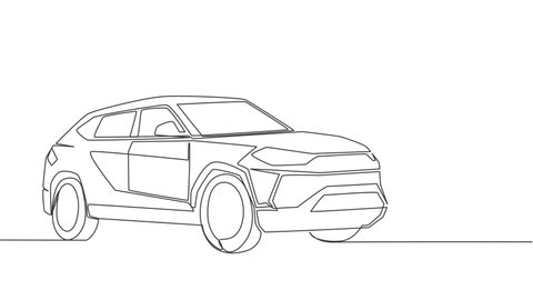 Animation of one line drawing of tough big suv car. Family comfortable and safe vehicle transportation concept. Single continuous line self draw animated illustration. Full length motion.