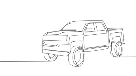Self drawing animation of single line draw tough pickup truck car. Cargo logistics carrier vehicle transportation concept. One continuous line draw. Full length animated illustration.