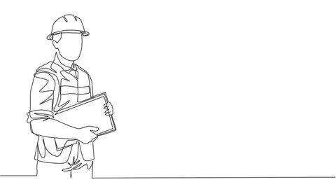 Animated self drawing of continuous line draw young foreman controlling building development progress while holding clipboard. Building construction service concept. Full length one line animation.