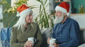 Happy Elderly Couple in Santa Claus Hats Celebrating Christmas in Cozy Living Room at Home, Enjoying Pleasant Conversation While Holding Cups of Hot Tea. Elderly People Celebrate Christmas at Home.