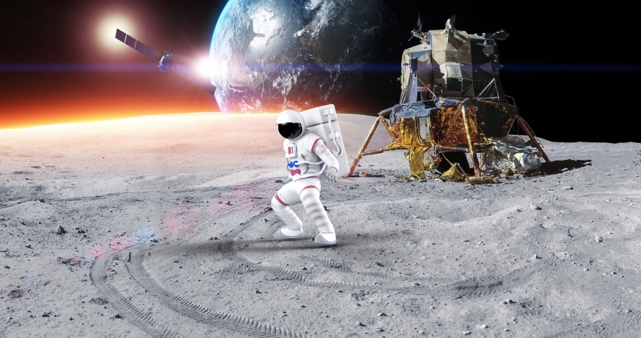 Astronaut Making Karate Moves On Planet Surface. Planet Earth On Background. Space And Technology Related 3D Animation.