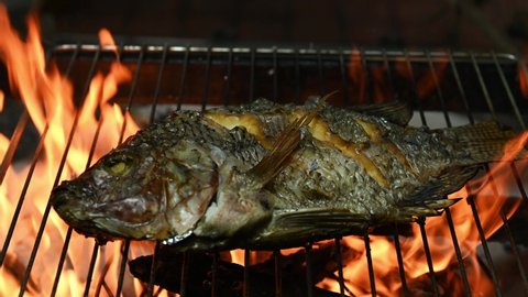 closeup footage of whole Nile tilapia fish grill on bar be cue fire, charcoal fish