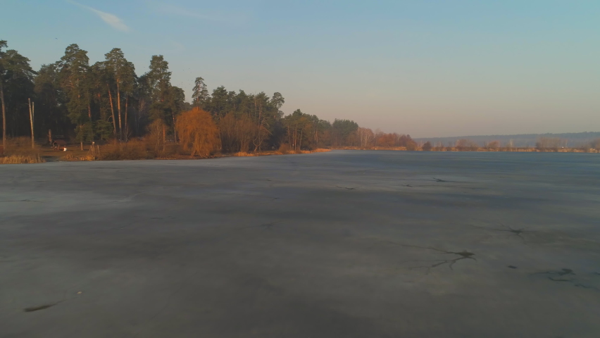 Aerial of frozen lake and forest. Yelow trees. Early winter or spring