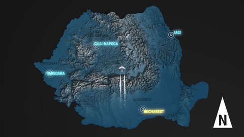 Seamless looping animation of the 3d terrain map at nighttime of Romania with the capital and the biggest cites in 4K resolution