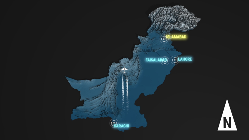 Seamless looping animation of the 3d terrain map at nighttime of Pakistan with the capital and the biggest cites in 4K resolution