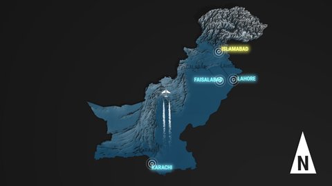 Seamless looping animation of the 3d terrain map at nighttime of Pakistan with the capital and the biggest cites in 4K resolution
