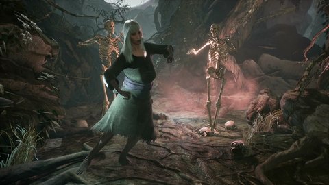 A witch and skeletons do a rousing dance on Halloween night in a spooky, dark forest. Halloween Horror Concept. The looped animation is perfect for Halloween or horror backgrounds. 3D rendering.
