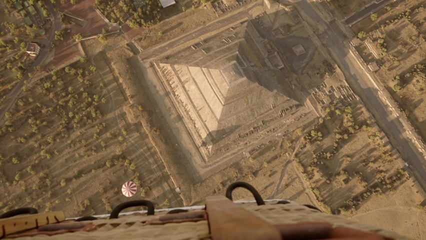 POV view of Pyramid of the Sun with sunrise from the air balloon in  Teotihuacan, Mexico.