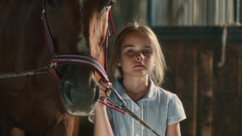 Cute girl holding chestnut horse by bridle and looking at camera while standing in barn on farm in daytime