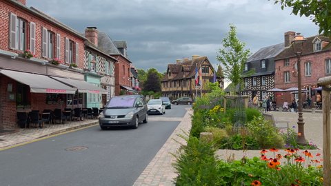 Beuvron en Auge, France - August 3, 2021: Beuvron-en-Auge, one of the most beautiful villages in France, is a commune in the Calvados department and Normandy region.