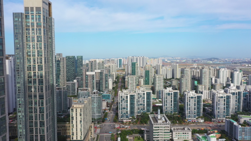 Aerial view of Songdo Central Park, Incheon City, South Korea and blue sky 